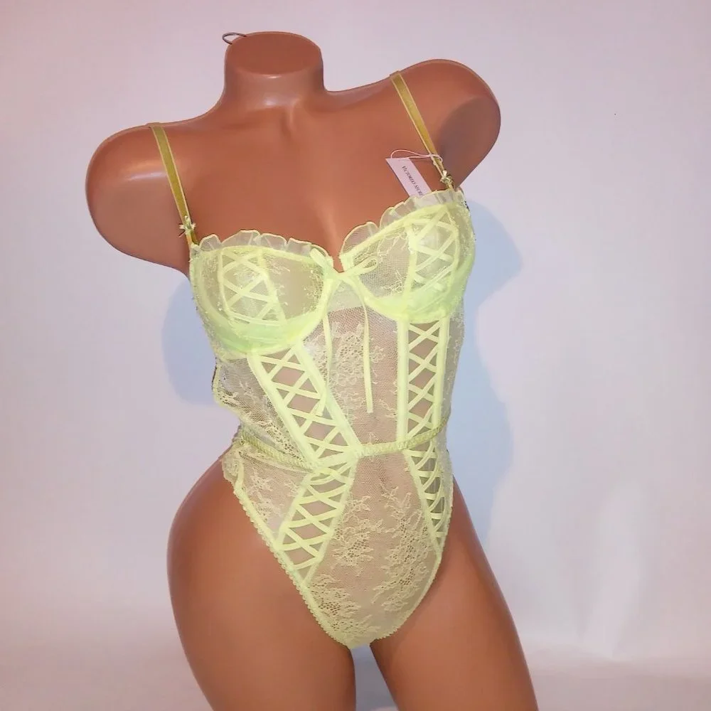 Victoria Secret Lingerie Teddy One Piece Bodysuit Yellow Wicked Lace Fairy Cotta - Picture 3 of 16